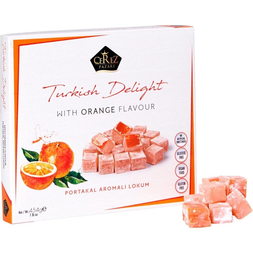 Cerez Pazari Turkish Delight with Orange Flavor 454 gr Gourmet Medium Size Snack